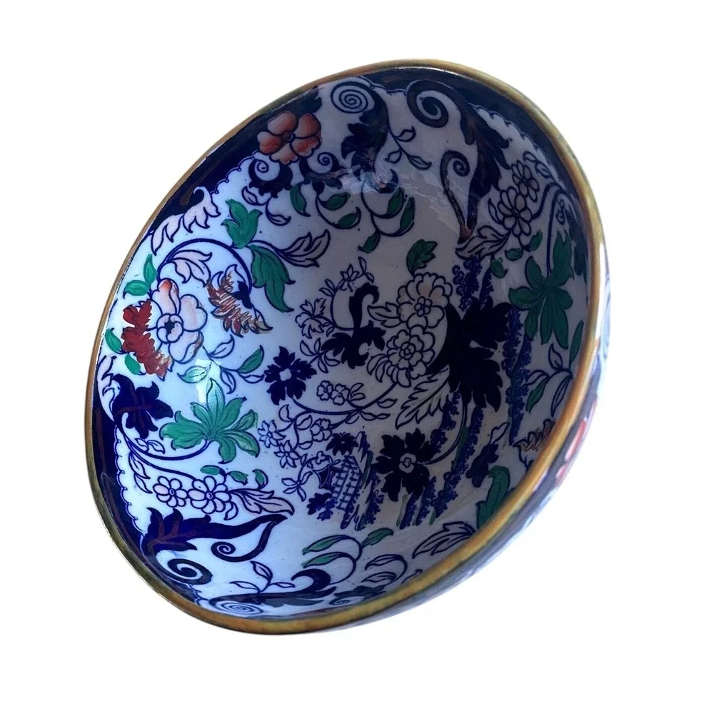 Antique 1800s Amherst Japan Ironstone Pedestal Bowl Imari Inspired Pattern White